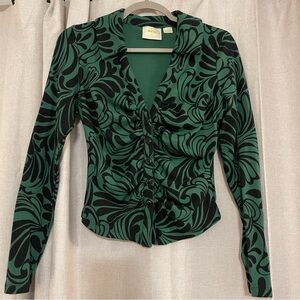 Anthropologie Maeve Green and Black ruched front Collared button-down Blouse